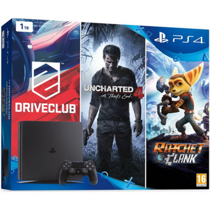 PlayStation 4 SLIM Bundle (1000 Gb, Driveclub, Uncharted 4, Ratchet & Clank)